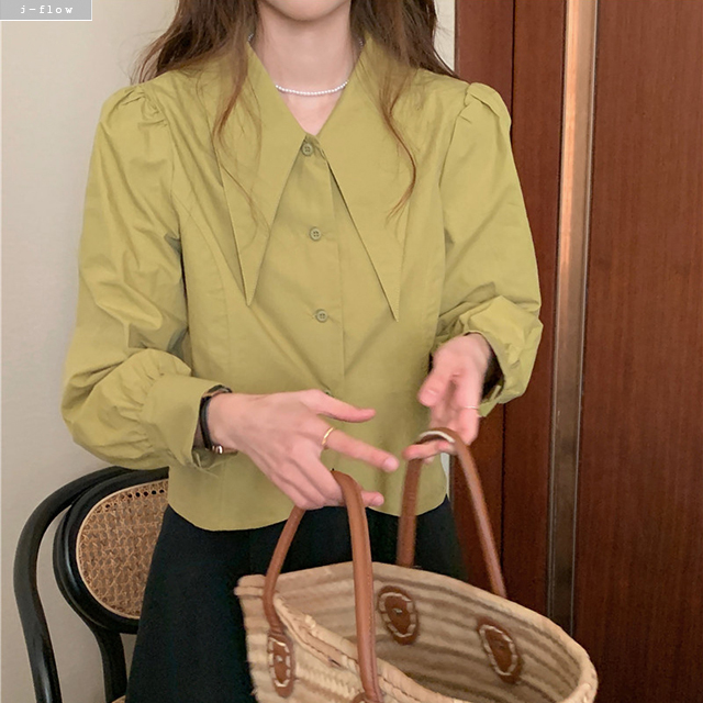 베뉴스 뾰족카라 퍼프 크롭 블라우스 4col 가을 봄 셔츠 코튼 밑단라운딩 제이플로우 이미지 4