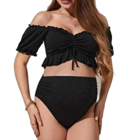 [해외]임산부수영복 임산부비키니 블랙 펀칭 프릴 오프숄더 수영복