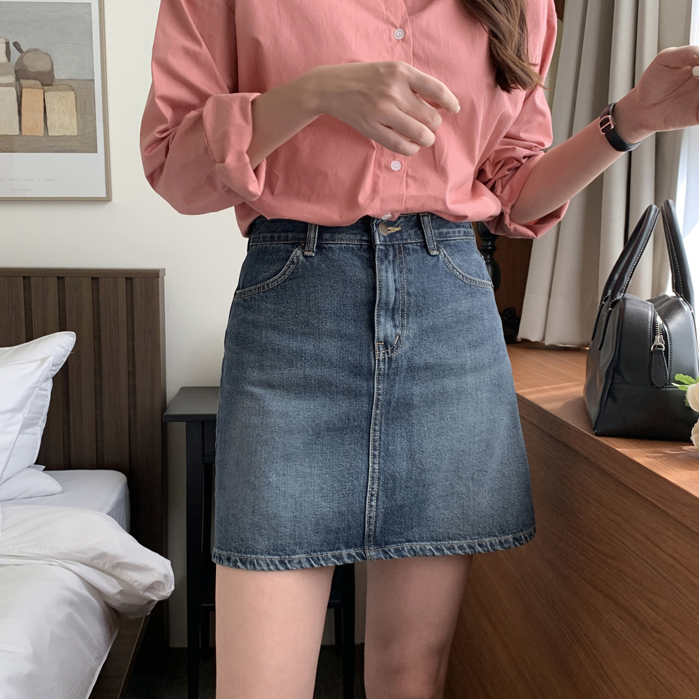 하이웨스트 진청 데님 스커트 청치마 A라인 치마 가을 치마 여성 미니 스커트 이미지 7
