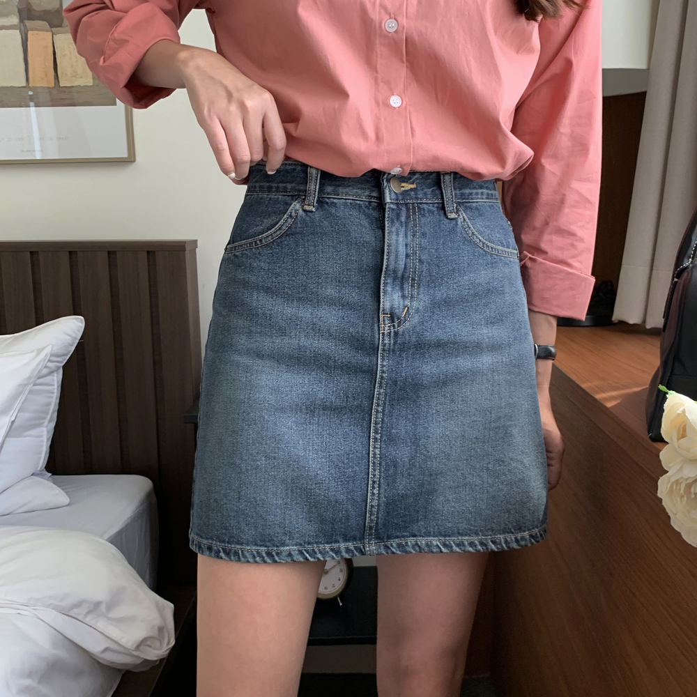 하이웨스트 진청 데님 스커트 청치마 A라인 치마 가을 치마 여성 미니 스커트 이미지 6