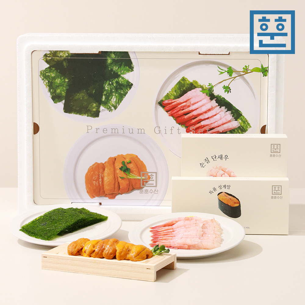 훈훈 프리미엄 오마카세 선물세트 (우니,단새우,감태 3합,소스류 성게알 전용목판 포함)