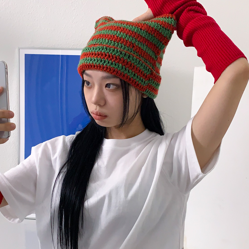 [틱톡유행/팬싸템] 배디 캣츠 스트라이프 줄무늬 니트 고양이귀 비니 모자 8color 상세 이미지 50
