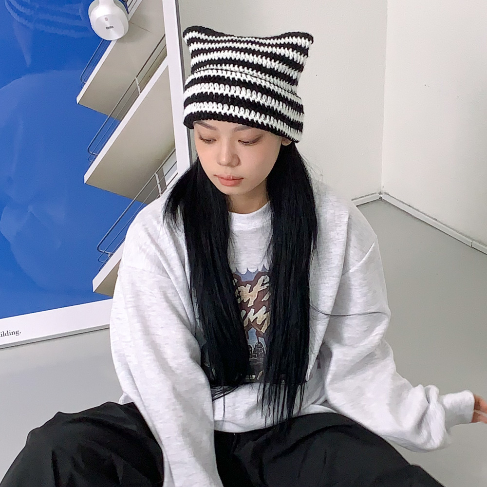 [틱톡유행/팬싸템] 배디 캣츠 스트라이프 줄무늬 니트 고양이귀 비니 모자 8color 상세 이미지 17