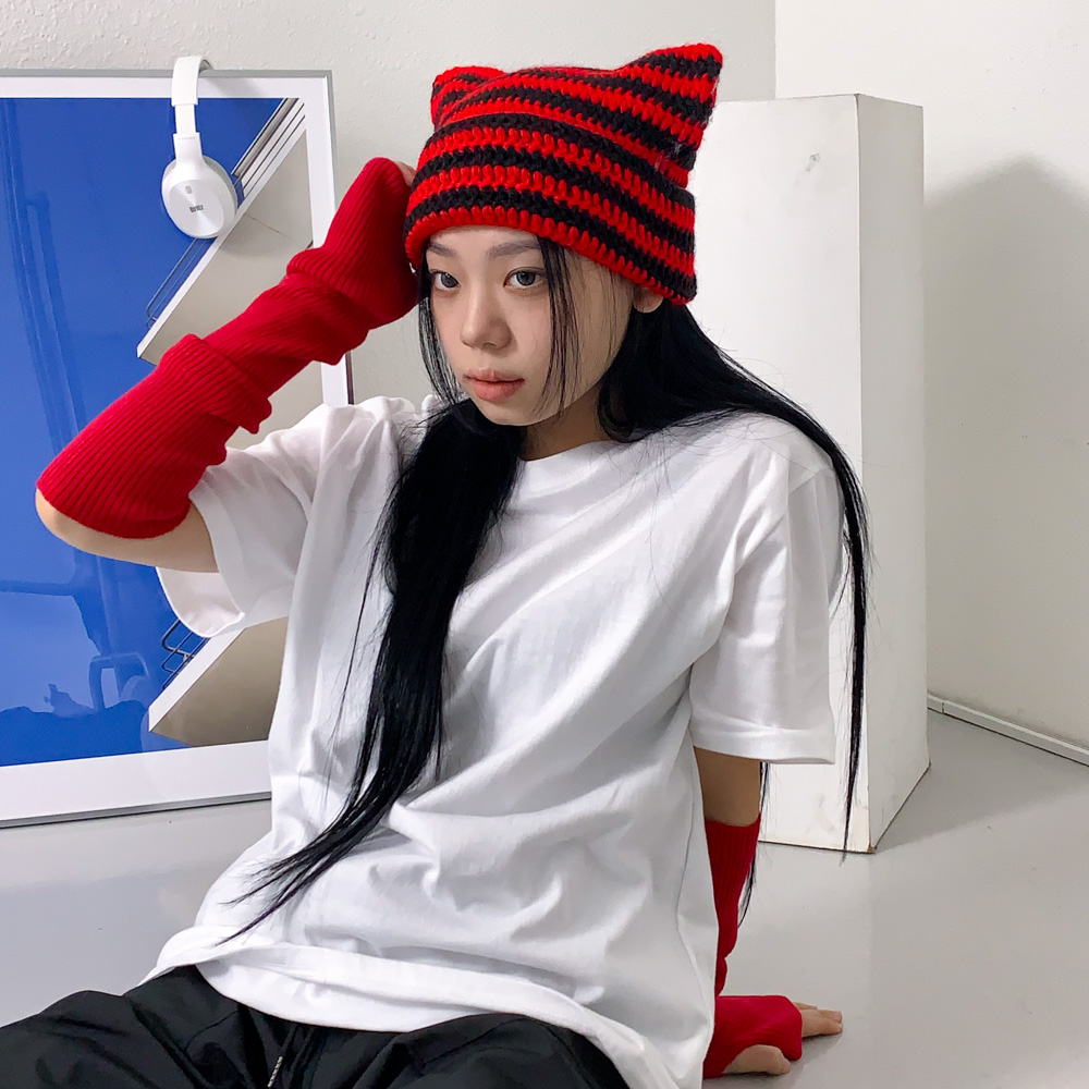 [틱톡유행/팬싸템] 배디 캣츠 스트라이프 줄무늬 니트 고양이귀 비니 모자 8color 상세 이미지 41