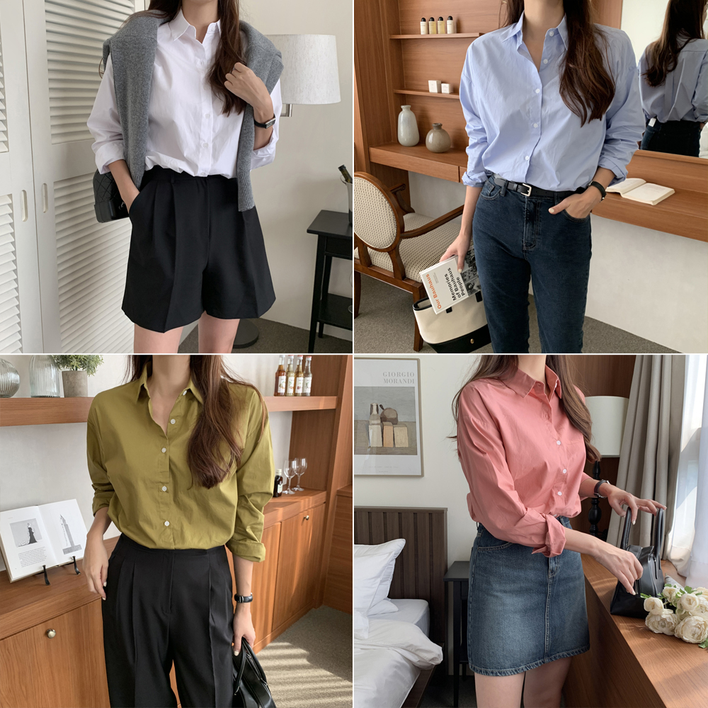 오버핏 면 바스락 가을 여성 셔츠 레이어드 여자 남방 소라색 하늘색 핑크