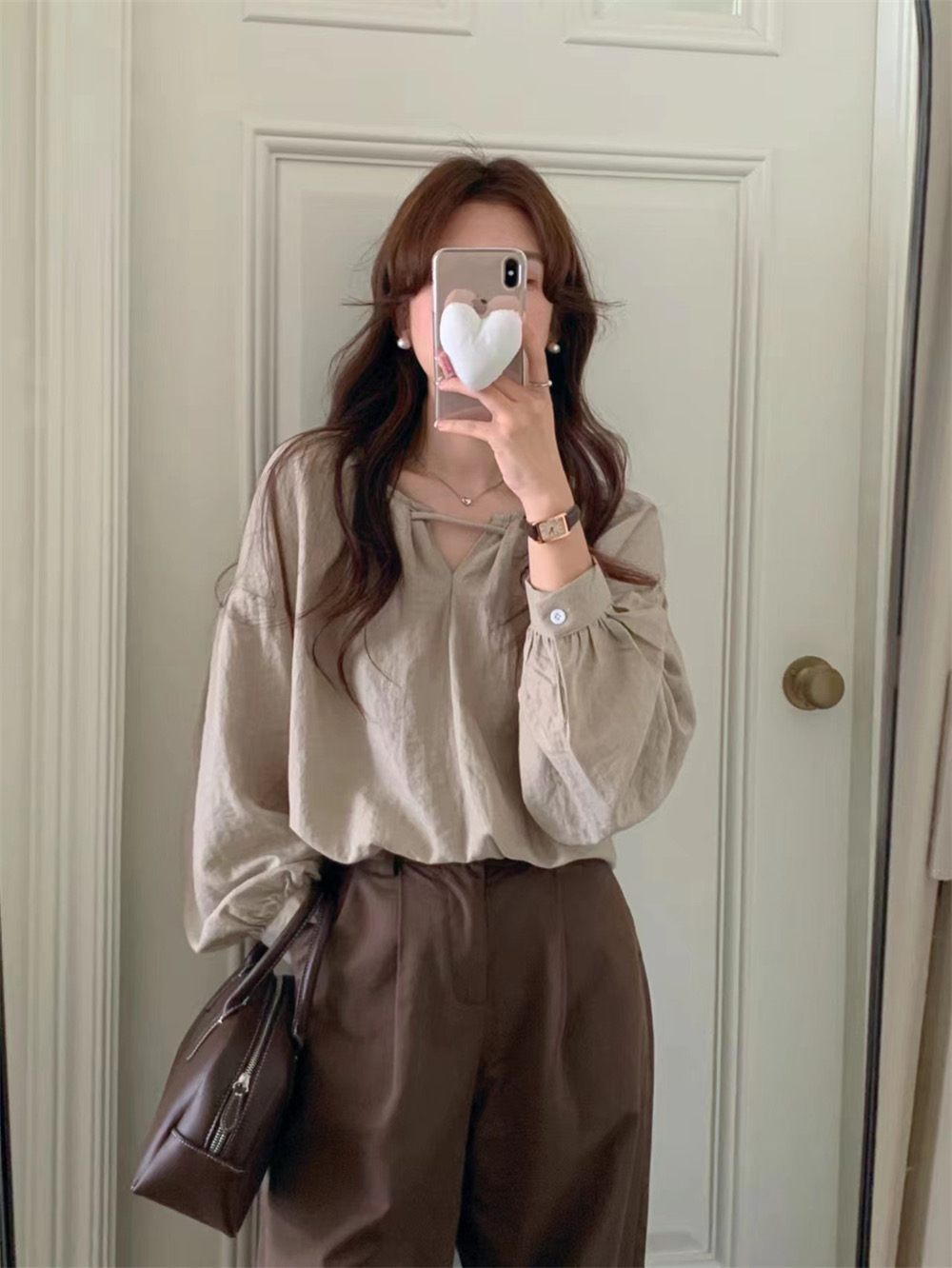 에그 스트링 가을 루즈핏 오버핏 하객룩 긴팔 벌룬 여리 슬릿 셔링 블라우스 - 상세 이미지 2