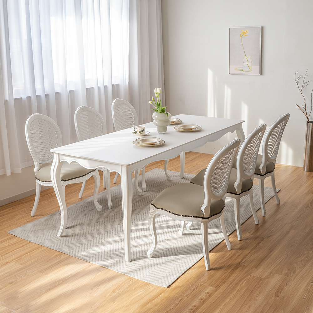 로사 프렌치 앤틱 6인용 세라믹 원목 식탁 아이린 라탄 의자 세트