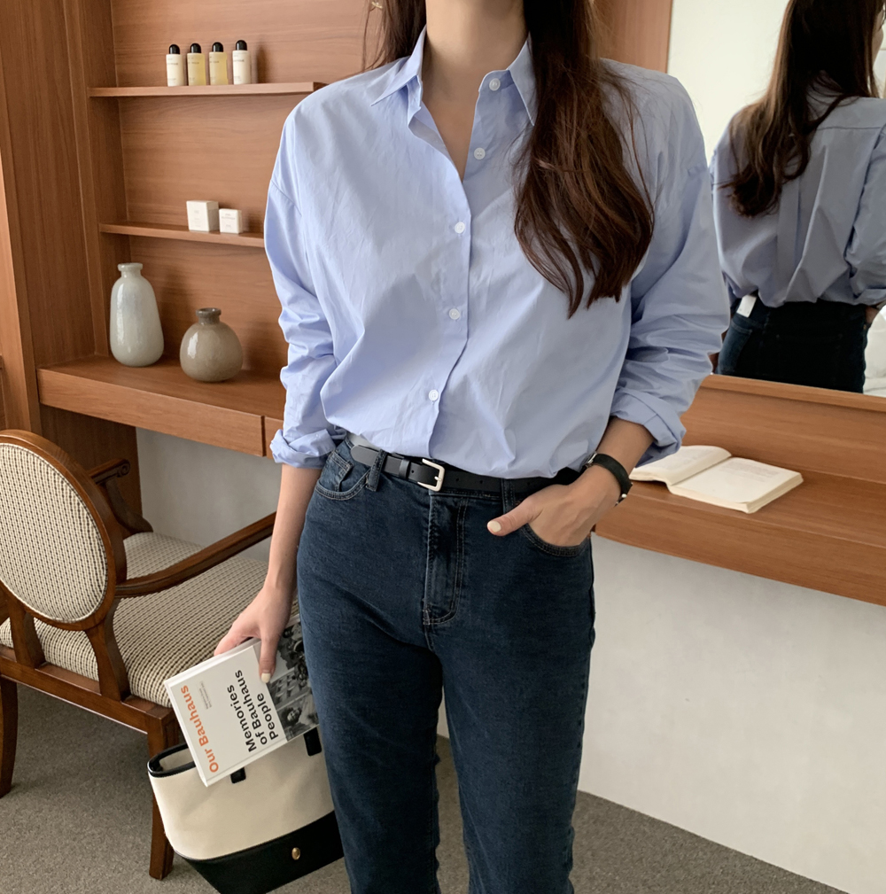 오버핏 면 바스락 봄 여성 셔츠 레이어드 여자 남방 소라색 하늘색 이미지 4