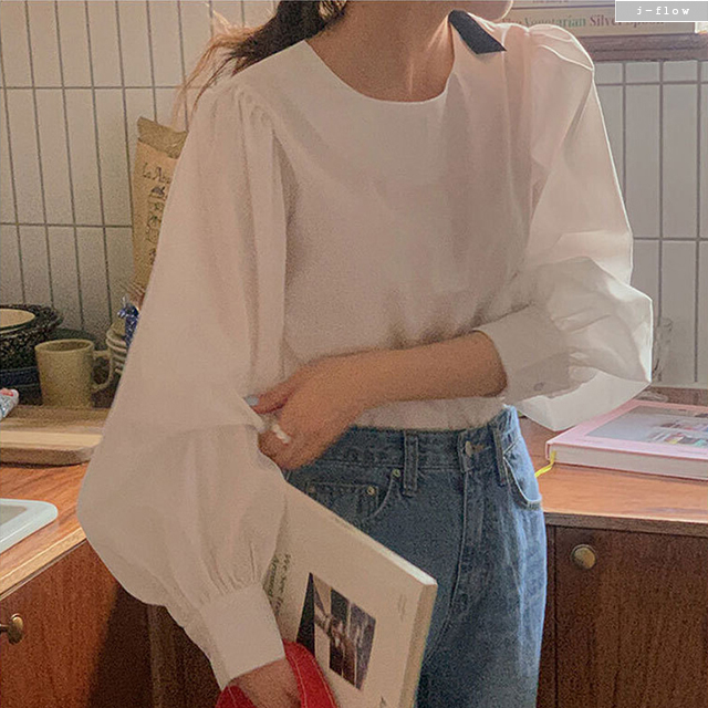 레버 라운드 퍼프 벌룬 코튼 블라우스 3col 봄 여름 루즈핏 심플 레이어드 제이플로우 이미지 6