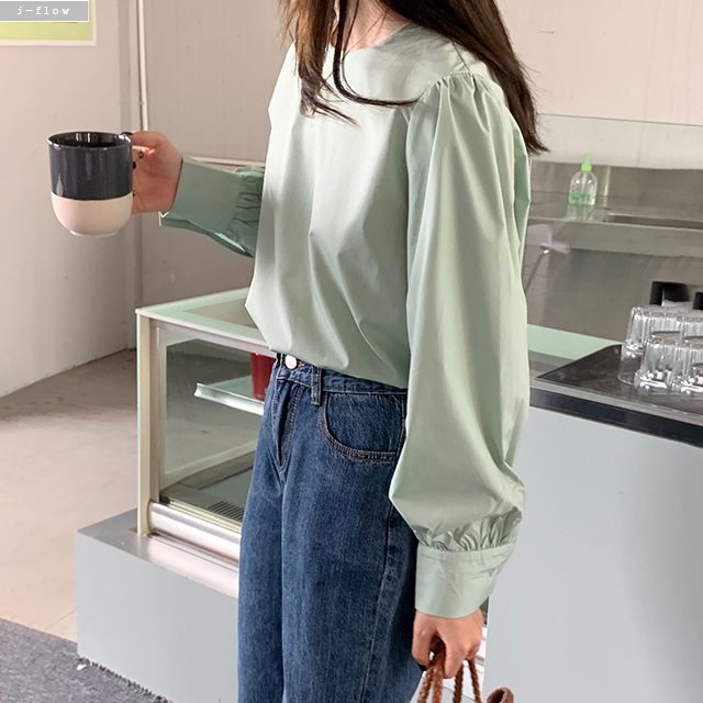 레버 라운드 퍼프 벌룬 코튼 블라우스 3col 봄 여름 루즈핏 심플 레이어드 제이플로우 - 상세 이미지 4