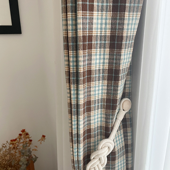 바이아미 마리 기모 체크 아이방커튼 방풍 방한 빈티지 블루 브라운