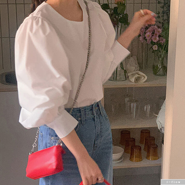 레버 라운드 퍼프 벌룬 코튼 블라우스 3col 봄 여름 루즈핏 심플 레이어드 제이플로우 이미지 7