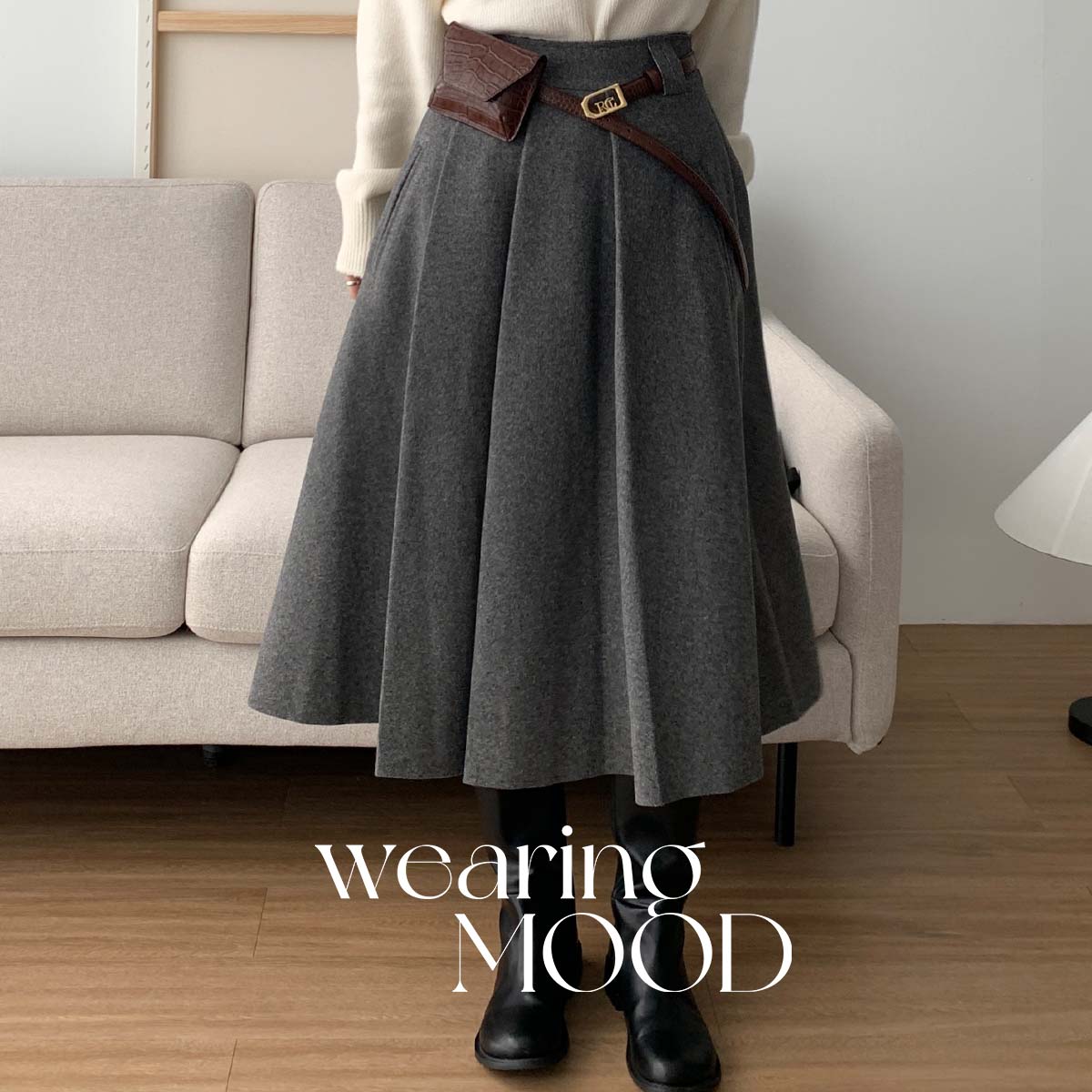 [S당일] 아웃핏 키스 스커트 핀턱 플리츠 A라인 하객룩 미디 치마 (그레이)