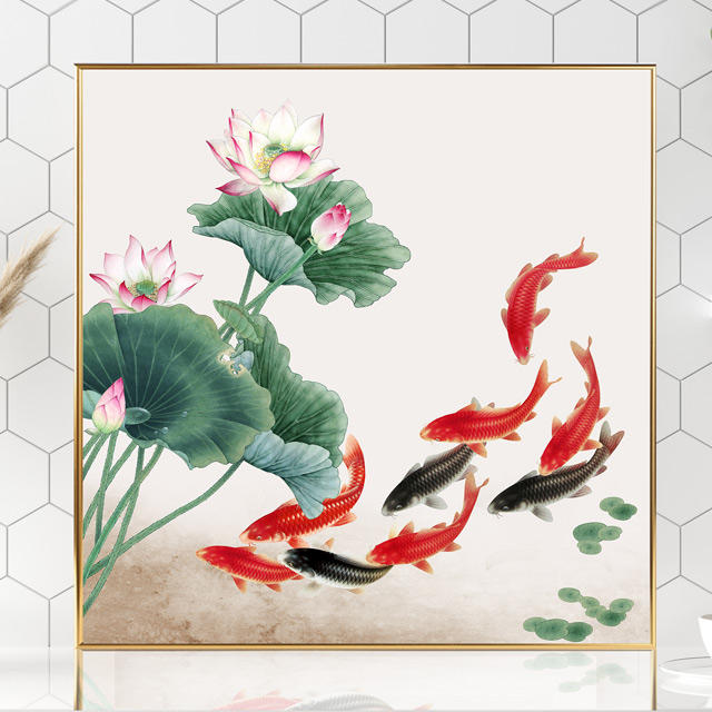 인테리어 꽃 연꽃 잉어 구어도 그림 돈들어오는 거실 풍수 액자 연꽃 구어도 정사각형 - 상품 이미지