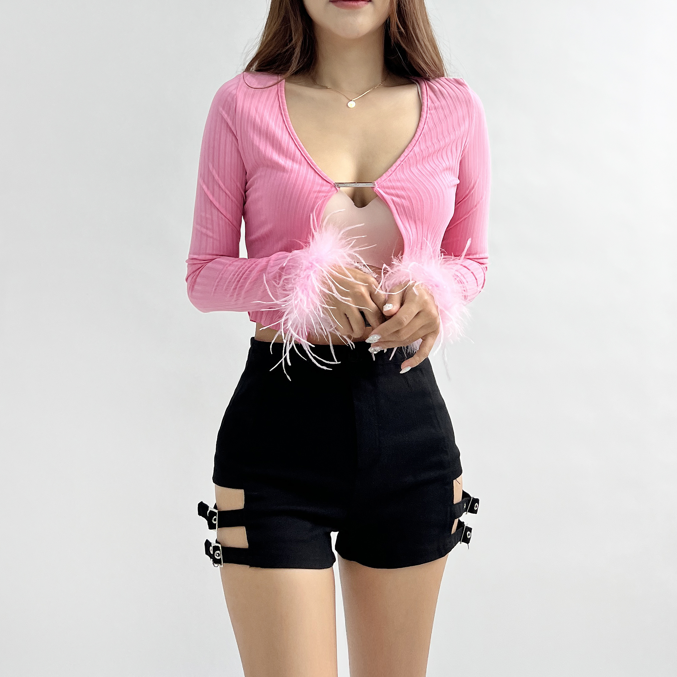노리스 골지 털 퍼소매 연말룩 크롭 가디건 티셔츠 이미지 3