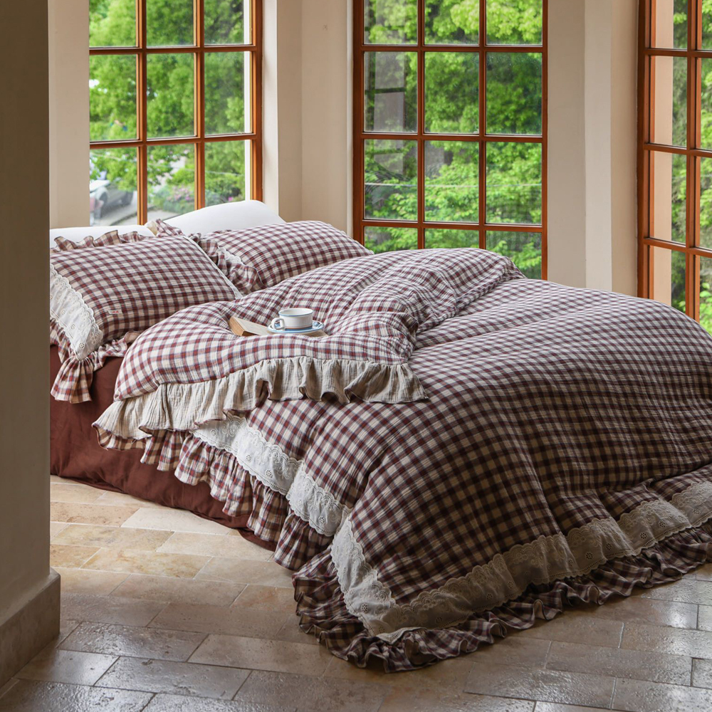 거즈 이불 퀸 킹 사계절 침구 세트 레트로 체크 - 상품 이미지