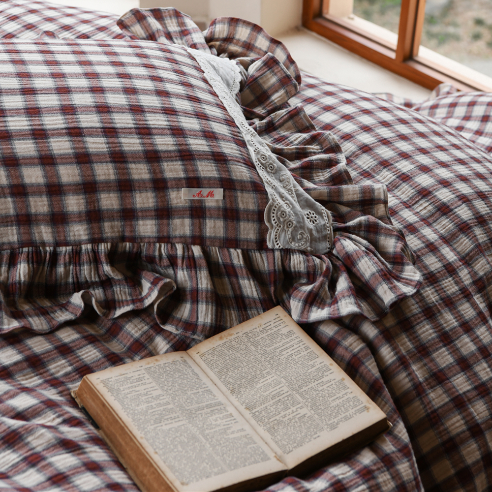 거즈 이불 퀸 킹 사계절 침구 세트 레트로 체크 - 상세 이미지 5