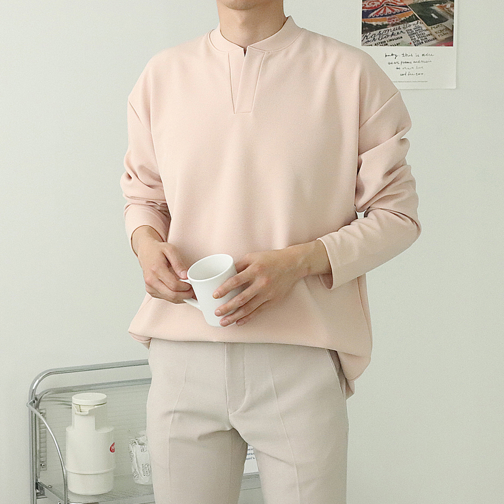 남자 긴팔티 구김없는 차이나카라 헨리넥 티셔츠 - 상품 이미지