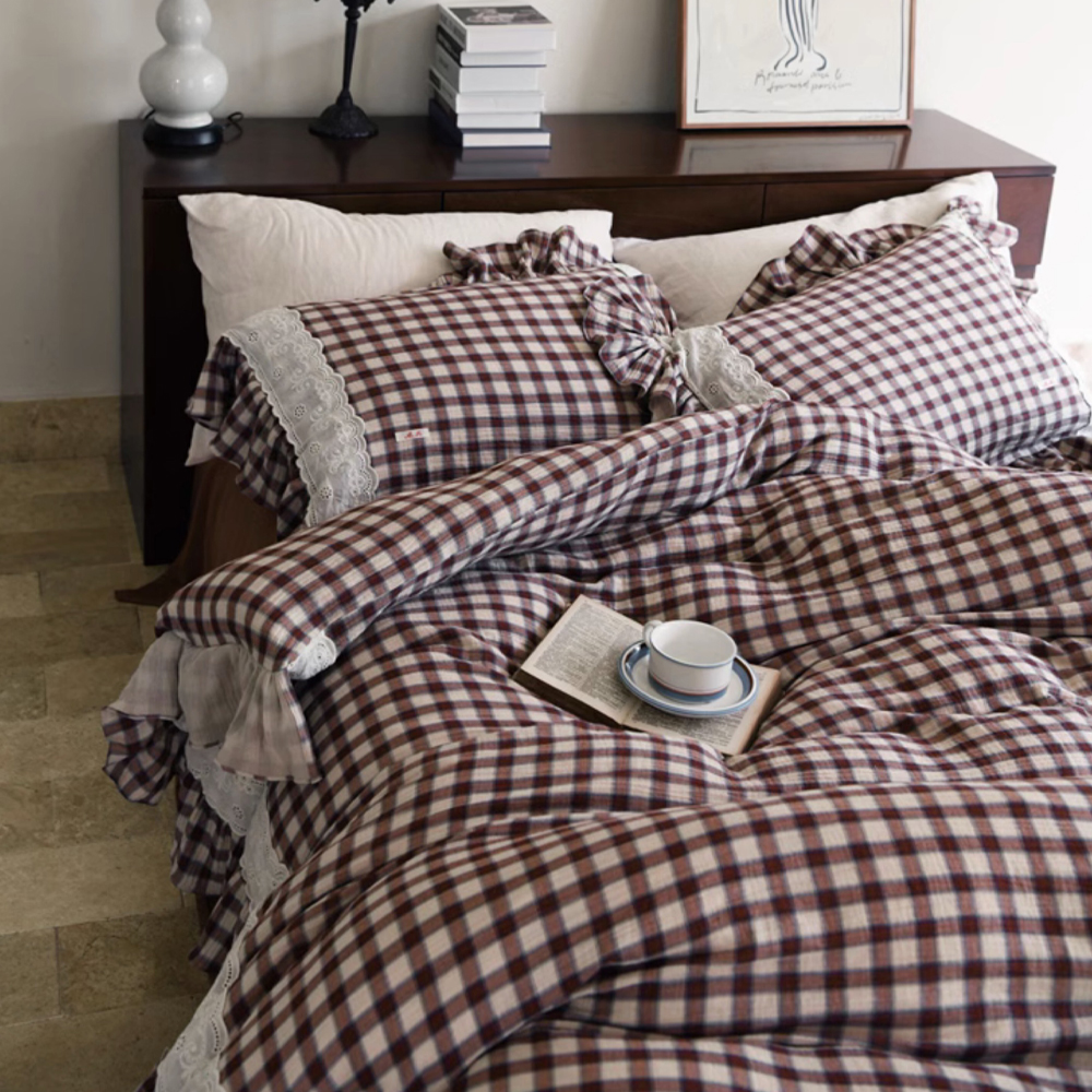 거즈 이불 퀸 킹 사계절 침구 세트 레트로 체크 - 상세 이미지 3