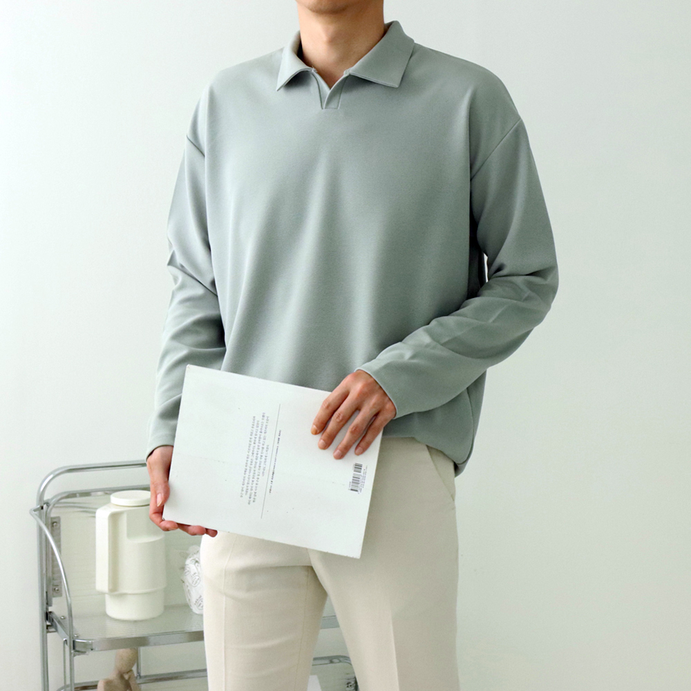 남자긴팔티 오버핏 구김없는 헨리넥 남자카라티 이미지 3