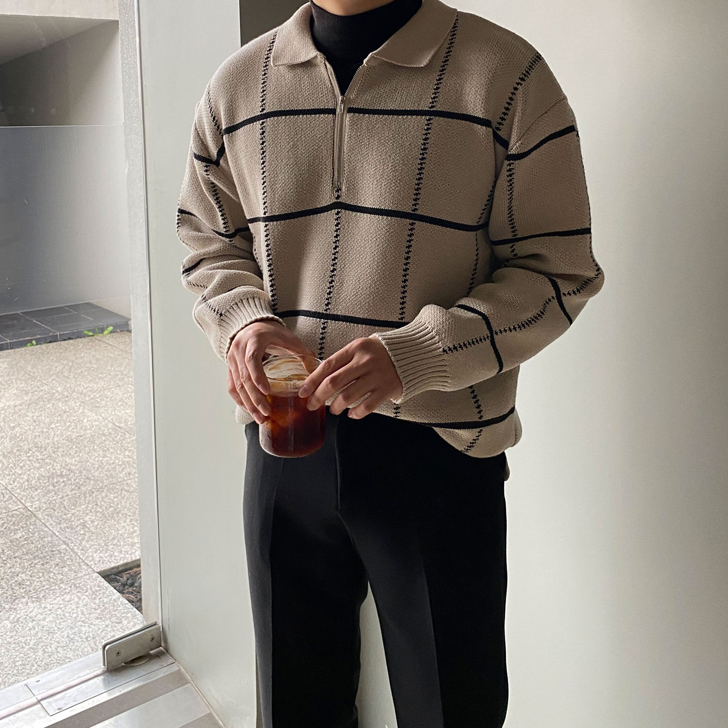 남자반집업니트 남자체크니트 이미지 2