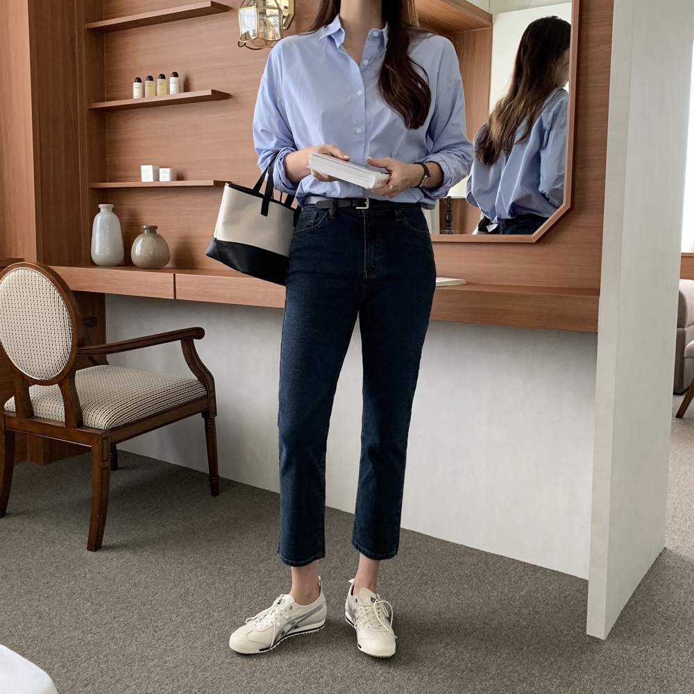 하이웨스트 세미 일자 흑청바지 밴딩 여자 청바지 블랙진 키작녀 청바지 흑청 데님 팬츠 - 상세 이미지 5
