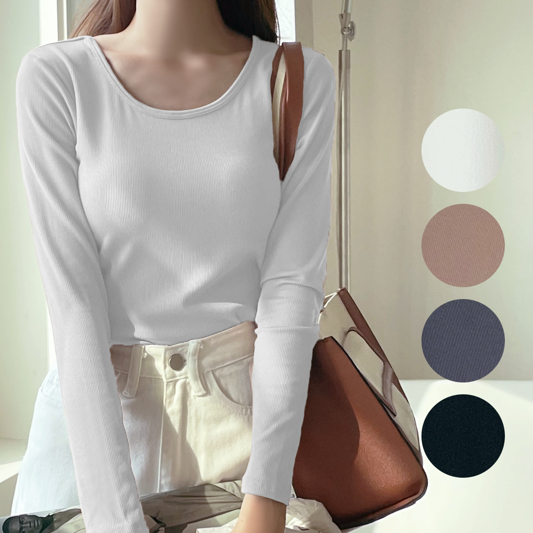 이너캡 노브라티 캡내장 골지 브라캡 봄 가을 기본 긴팔티 라운드 스판 데일리 브라티 R넥 제품 이미지