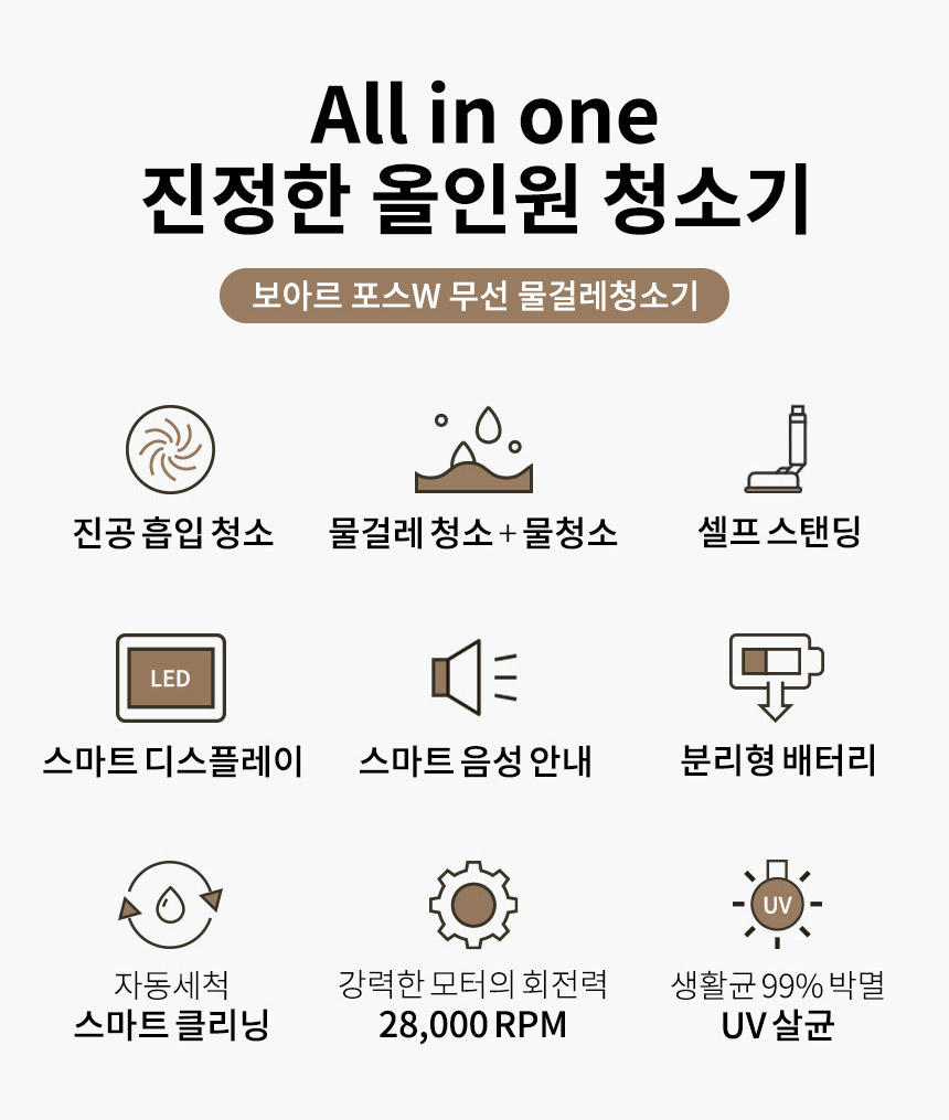 보아르 포스W 무선 물걸레청소기 아쿠아 진공 흡입 물 청소기 UV살균 걸레 자동세척 상세 이미지 3