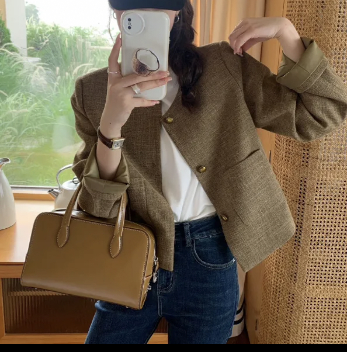 제너 심플 노카라 라운드넥 골드버튼 긴팔 클래식 하객룩 가을 트위드 재킷(2color)