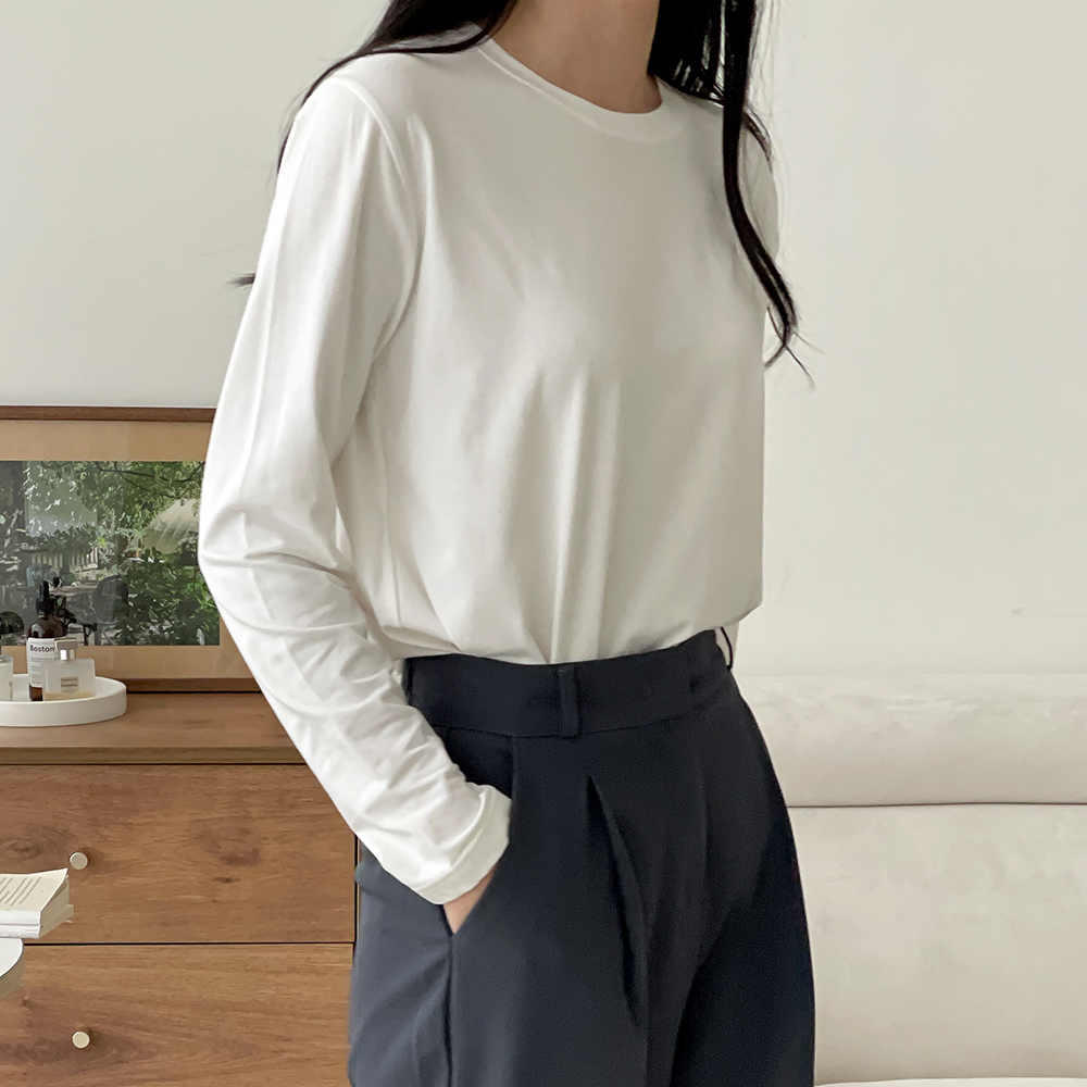 기본 모달티셔츠 여성 얇은 긴팔 레이어드 이너 티셔츠 베이직 봄 가을 - 상세 이미지 4