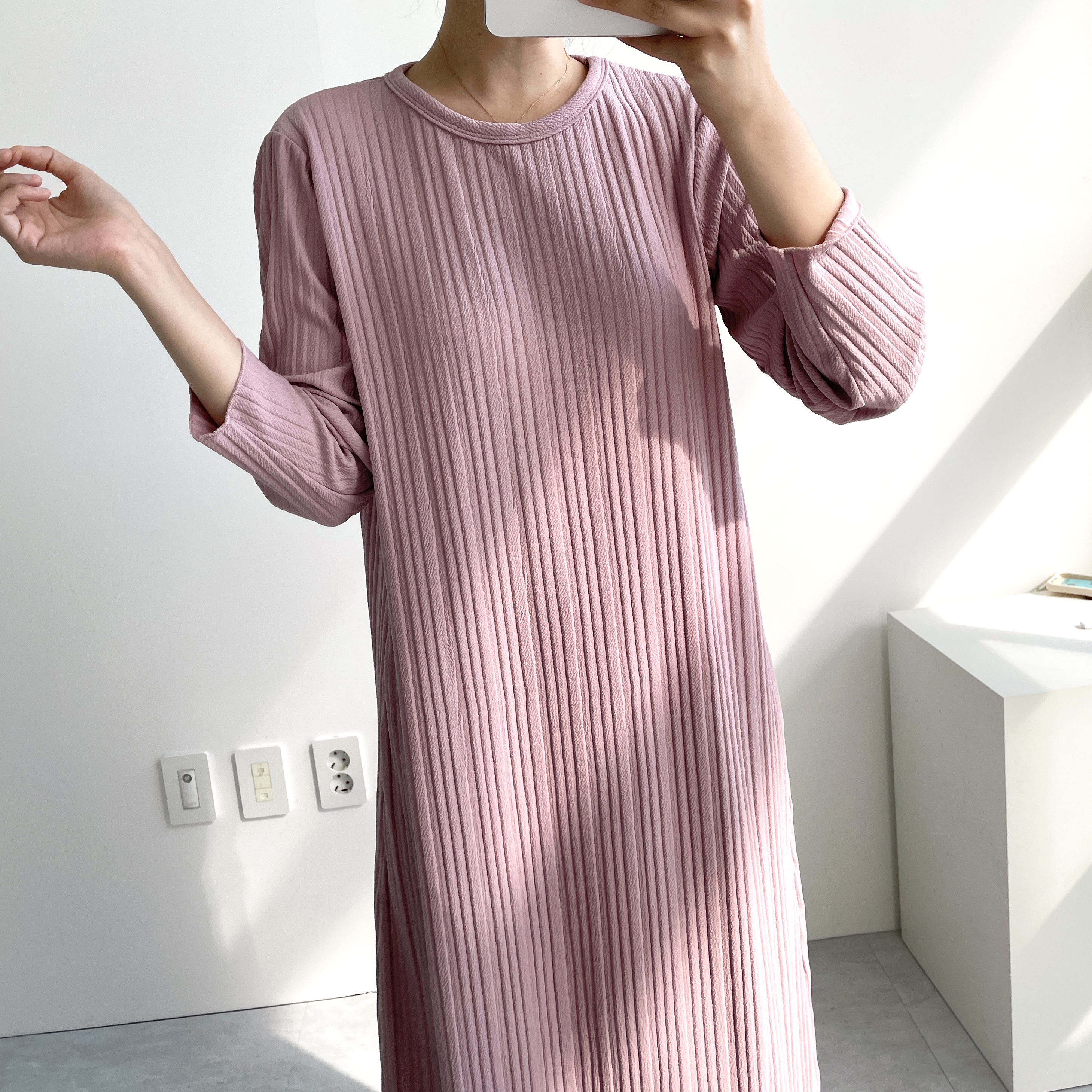 긴팔 골지 무지 A라인 에이라인 데일리 젊줌마 등하원룩 여름 꾸안꾸 롱원피스 이미지 3