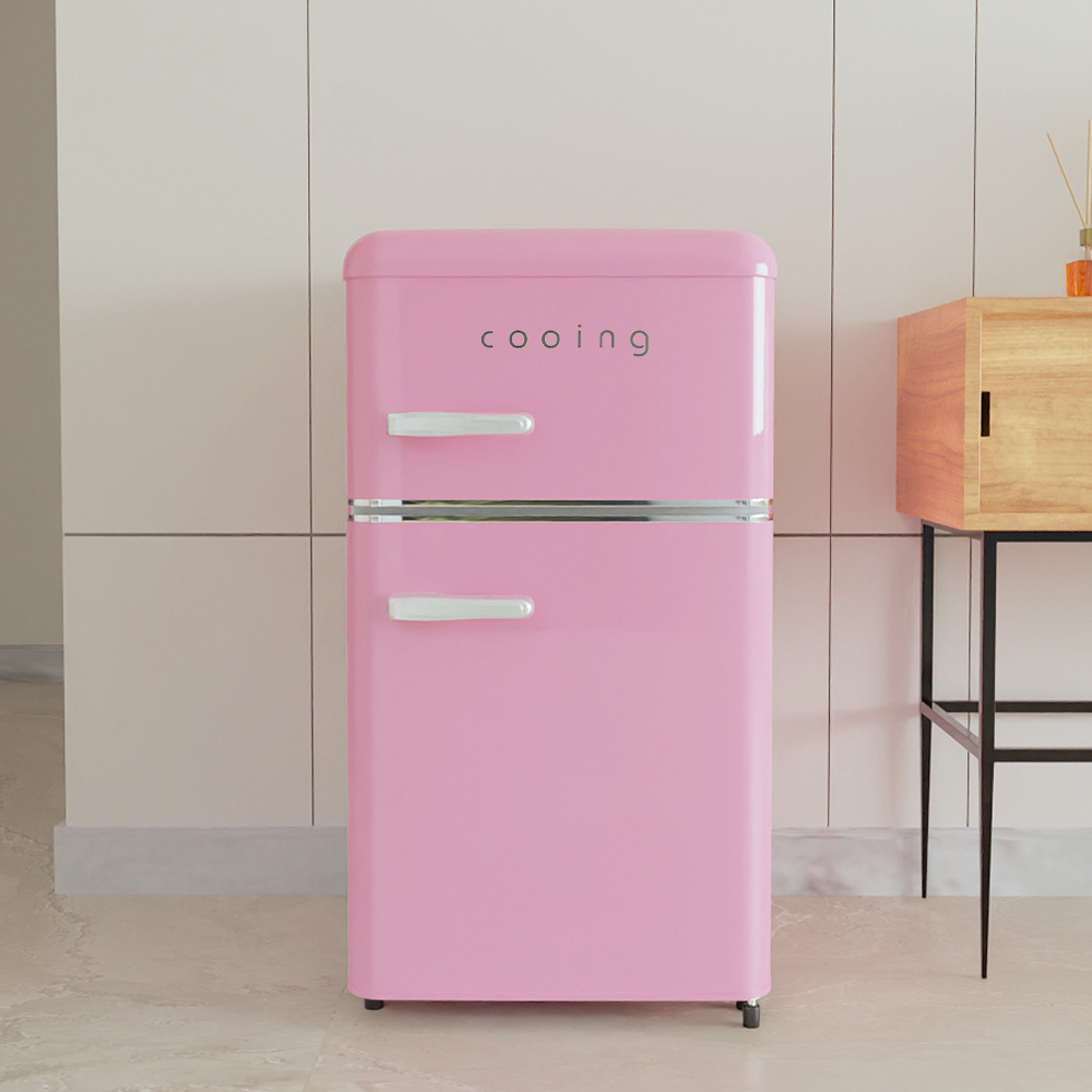 쿠잉 레트로 미니냉장고 REF-D85 2도어 소형 원룸 사무실 신혼 슬림 핑크
