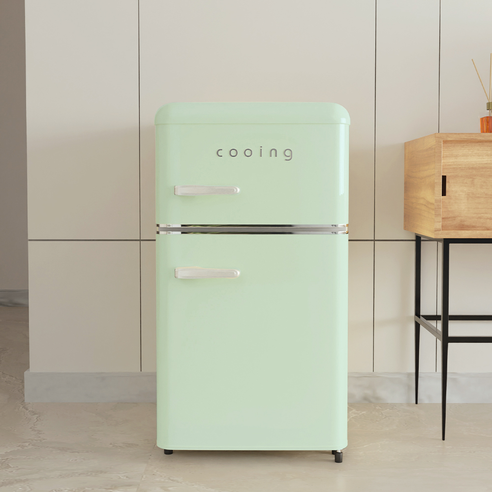 쿠잉 레트로 미니냉장고 REF-D85 2도어 소형 원룸 사무실 신혼 슬림 민트