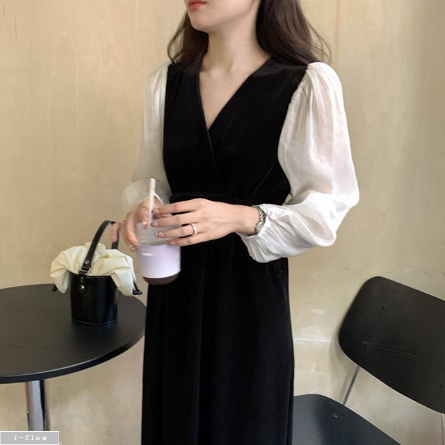 하스더 블라우스 레이어링 브이넥 벨벳 롱원피스 (블랙) 겨울 봄 허리스트링 제이플로우 - 상세 이미지 4