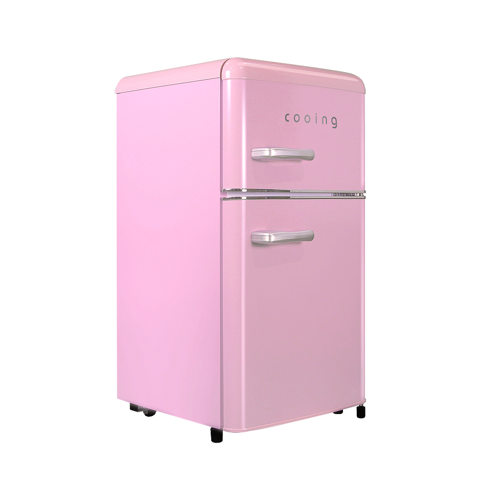 쿠잉 레트로 미니냉장고 REF-D85 2도어 소형 원룸 사무실 신혼 슬림 핑크