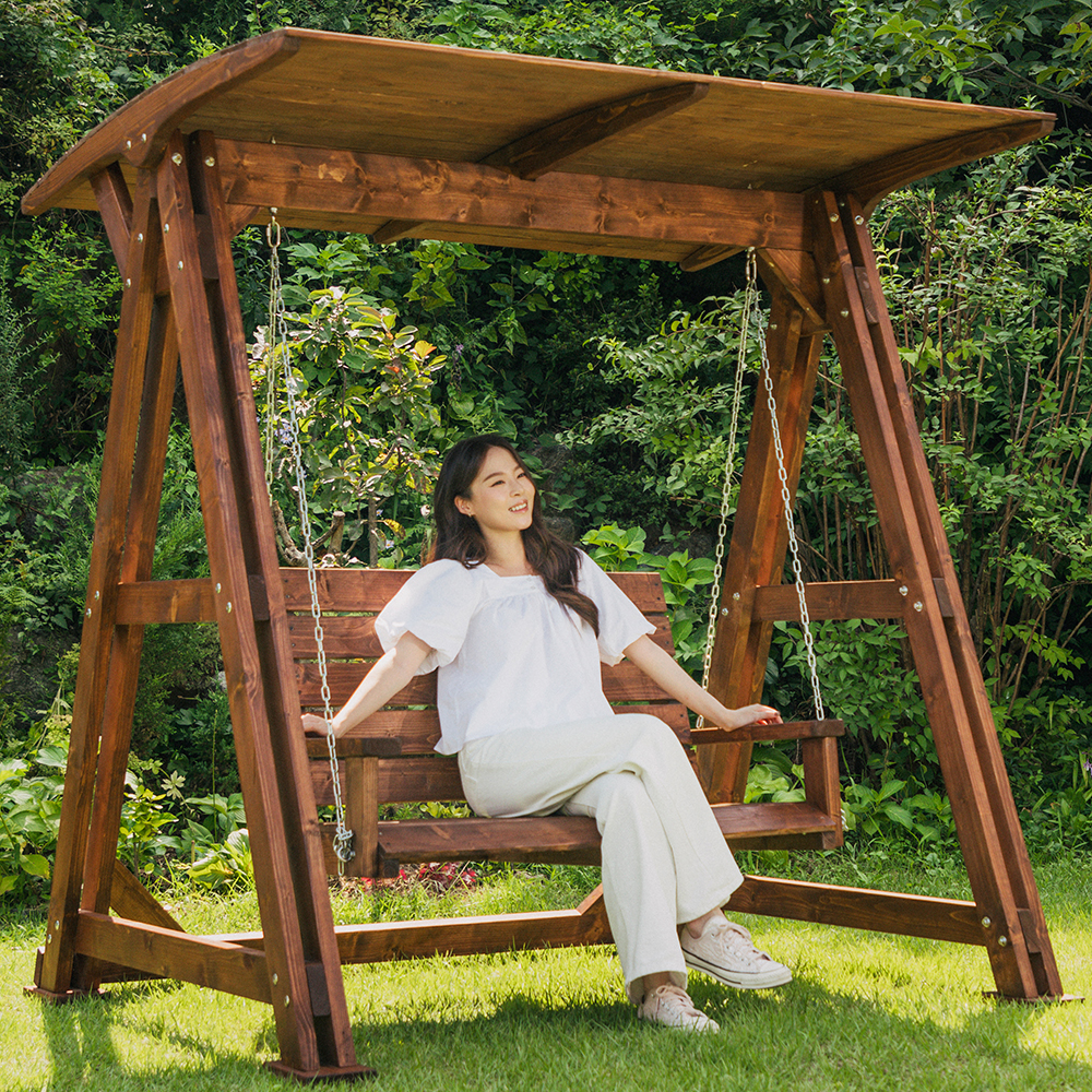 [100%통 원목] 야외 흔들그네의자 공중나무 지붕O월넛색