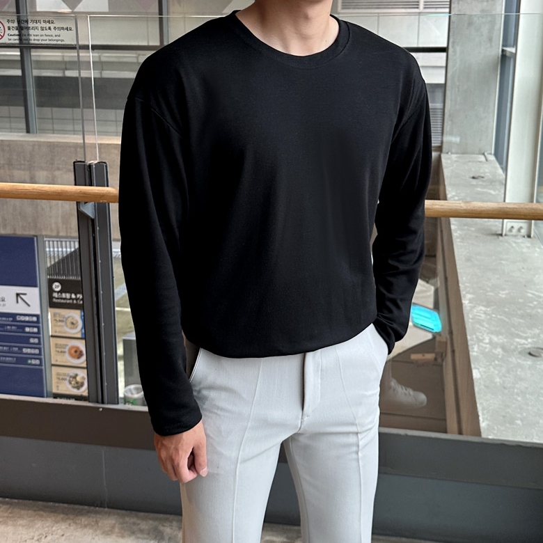 1+1 남자 알론소 봄 가을 특양면 무지 긴팔 티셔츠 이미지 4