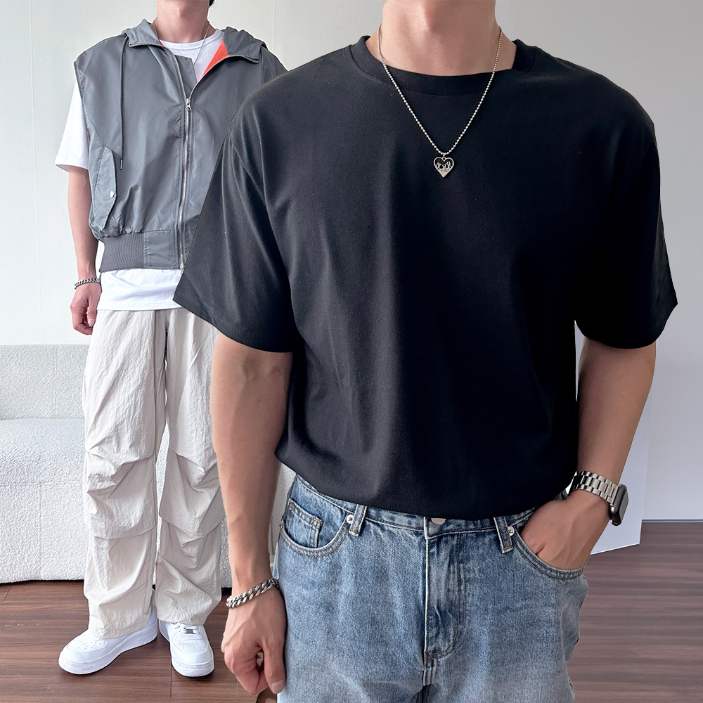 1+1 남자레이어드티 무지티 어깨넓어보이는옷 - 상세 이미지 2