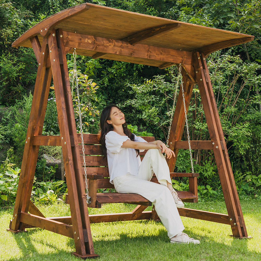 100%통원목 야외 흔들그네의자 나무공중 그내 지붕X월넛색