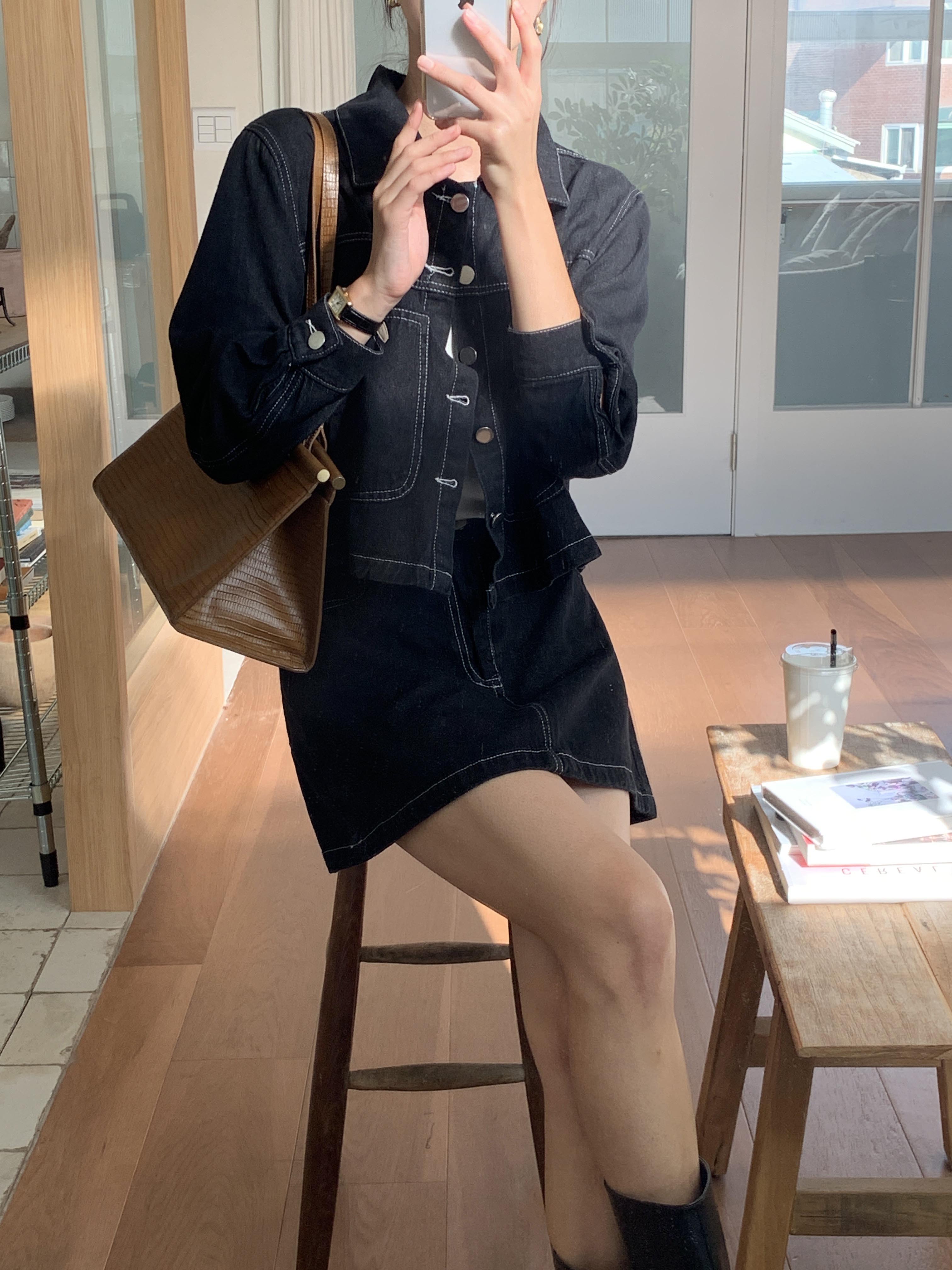 까베 데일리 포켓 코튼 스티치 카라 생지 진청 데님 청자켓 숏 자켓 이미지 3