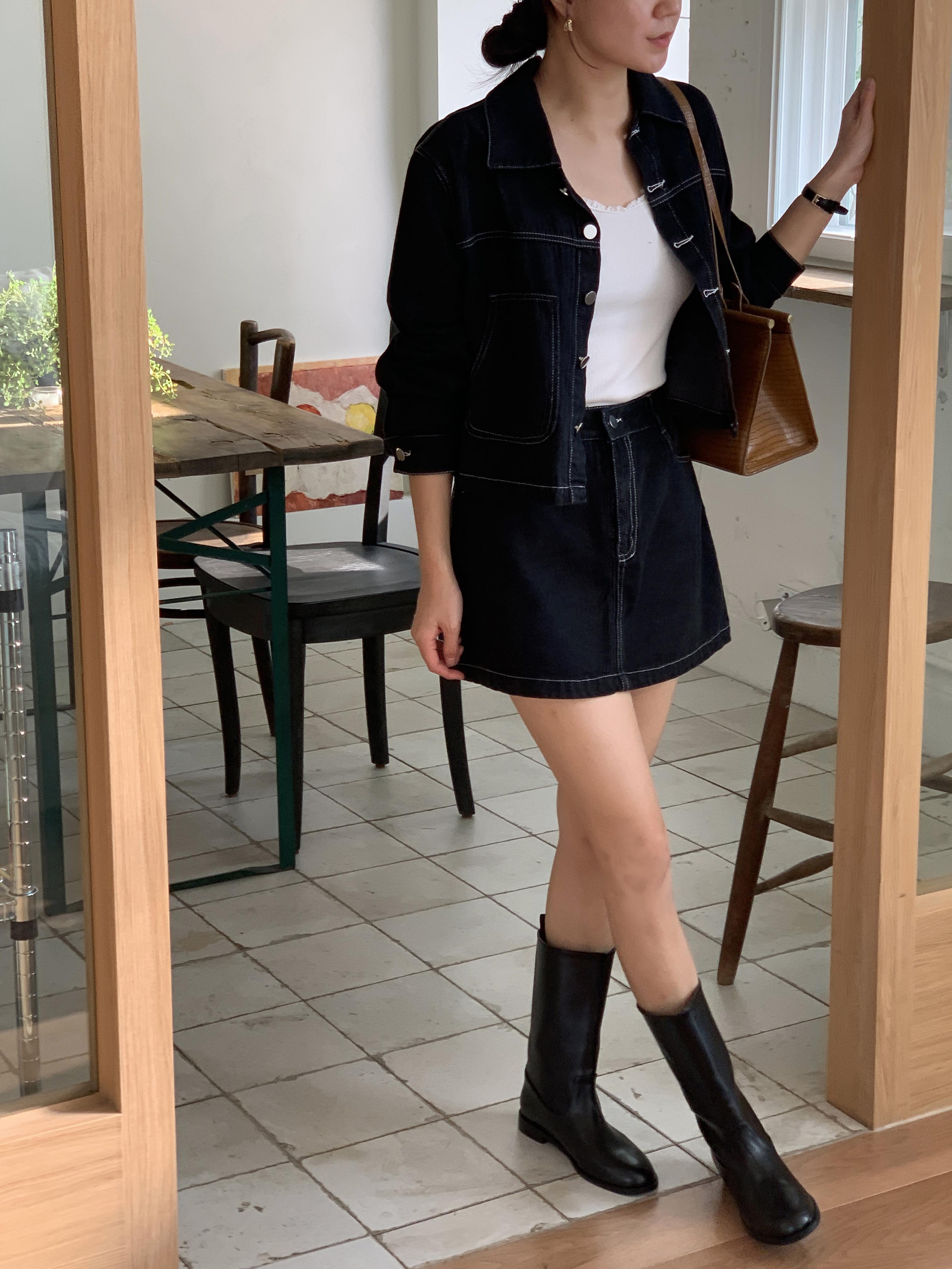 말리부 데일리 생지 데님 스티치 진청 코튼 A라인 플레어 미니 스커트 이미지 3