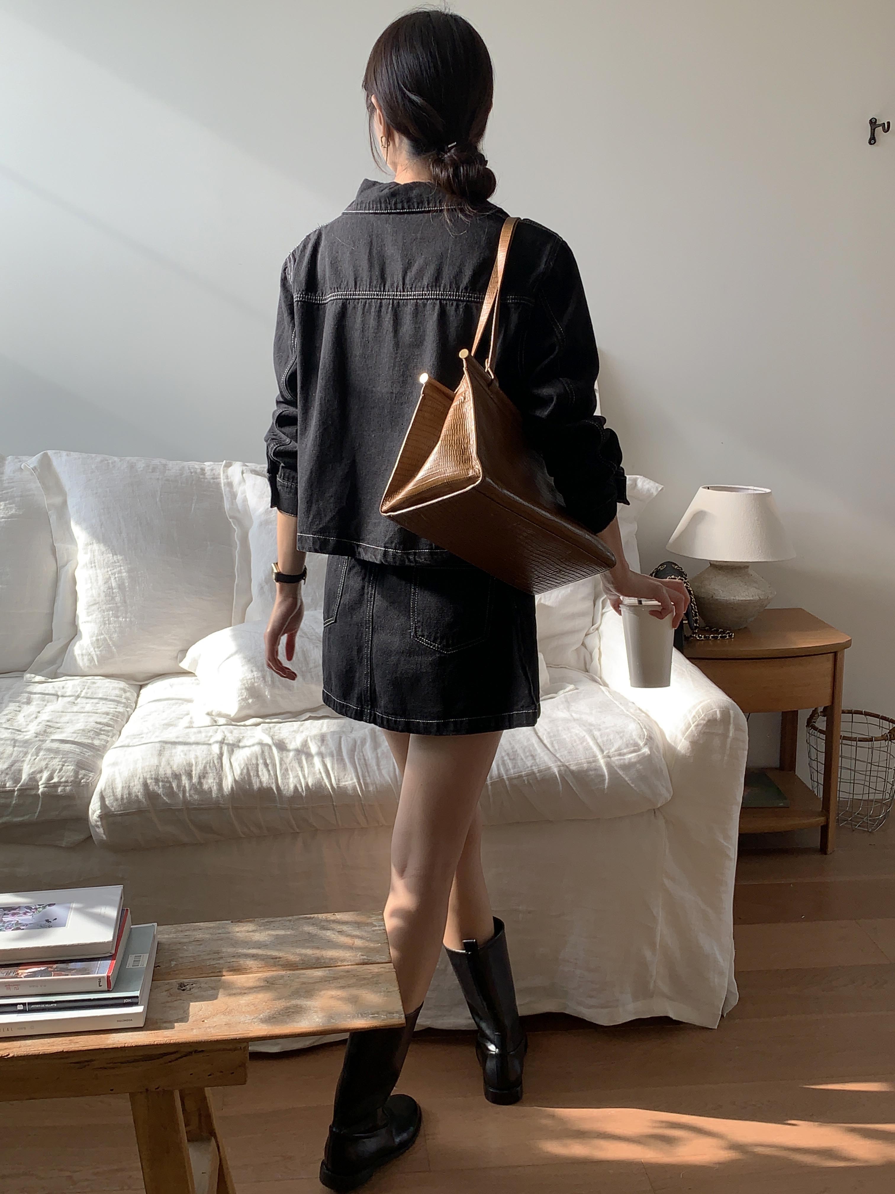 말리부 데일리 생지 데님 스티치 진청 코튼 A라인 플레어 미니 스커트 이미지 2