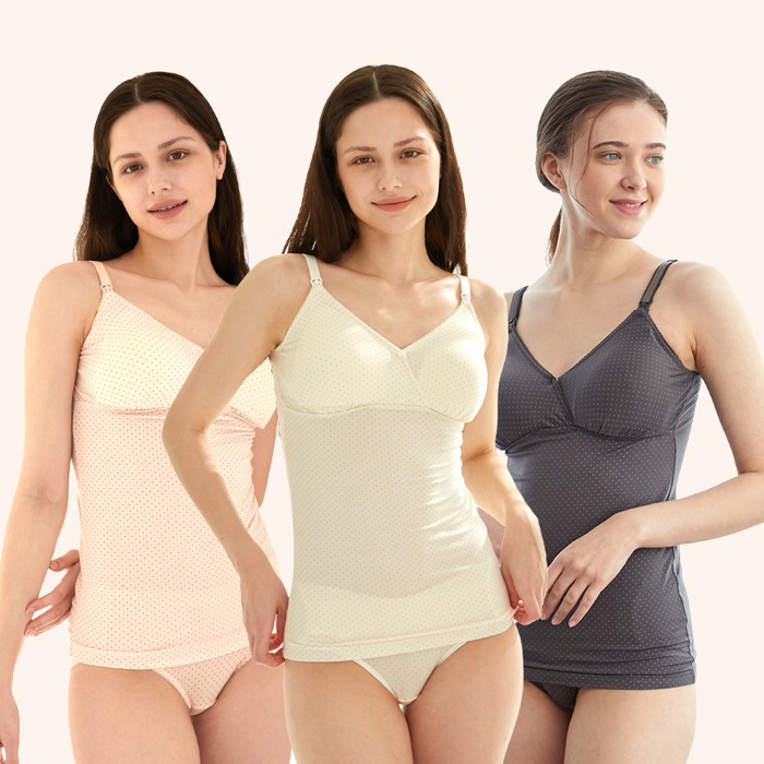 수유나시 원터치 텐셀 도트 임산부 속옷 수유 캐미솔 런닝 팬티 세트