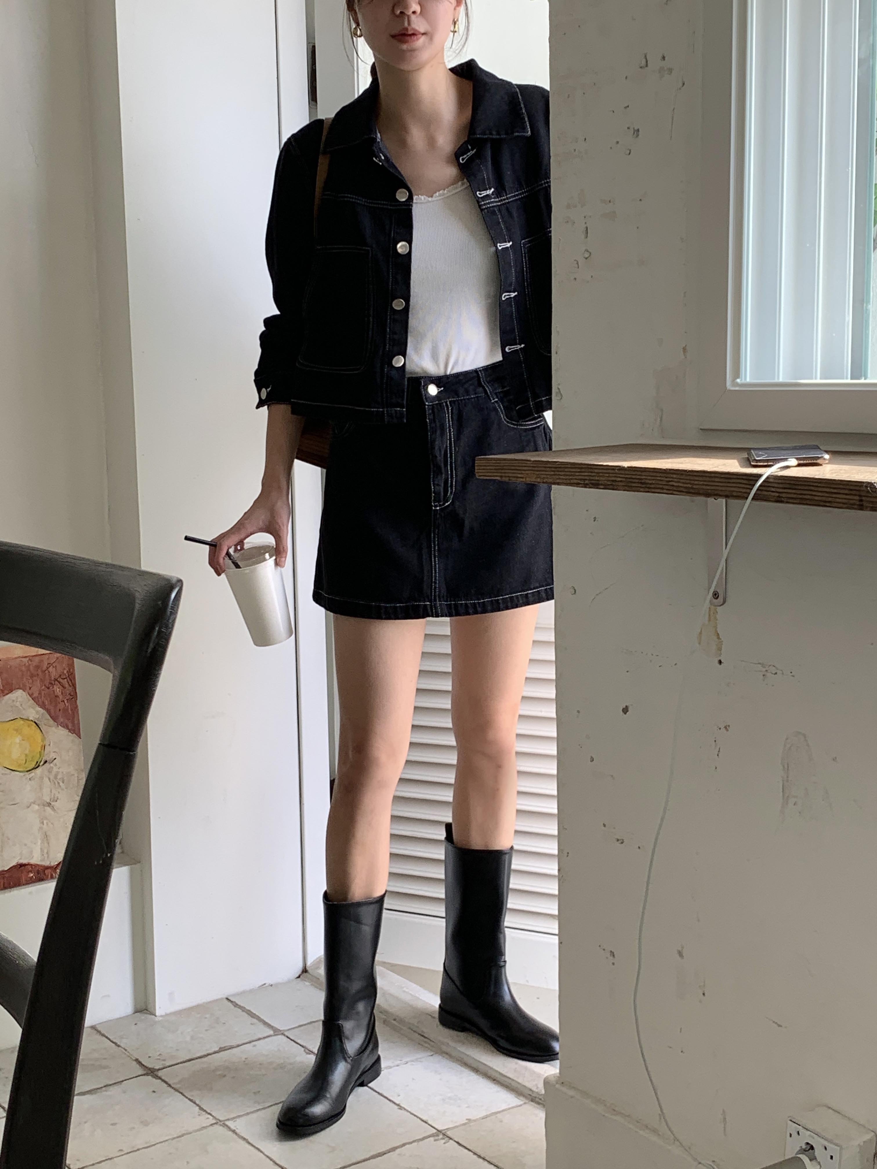 까베 데일리 포켓 코튼 스티치 카라 생지 진청 데님 청자켓 숏 자켓 이미지 2
