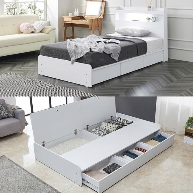 낮은 침대 프레임 화이트 서랍형 싱글 침대 저상 침대 ss