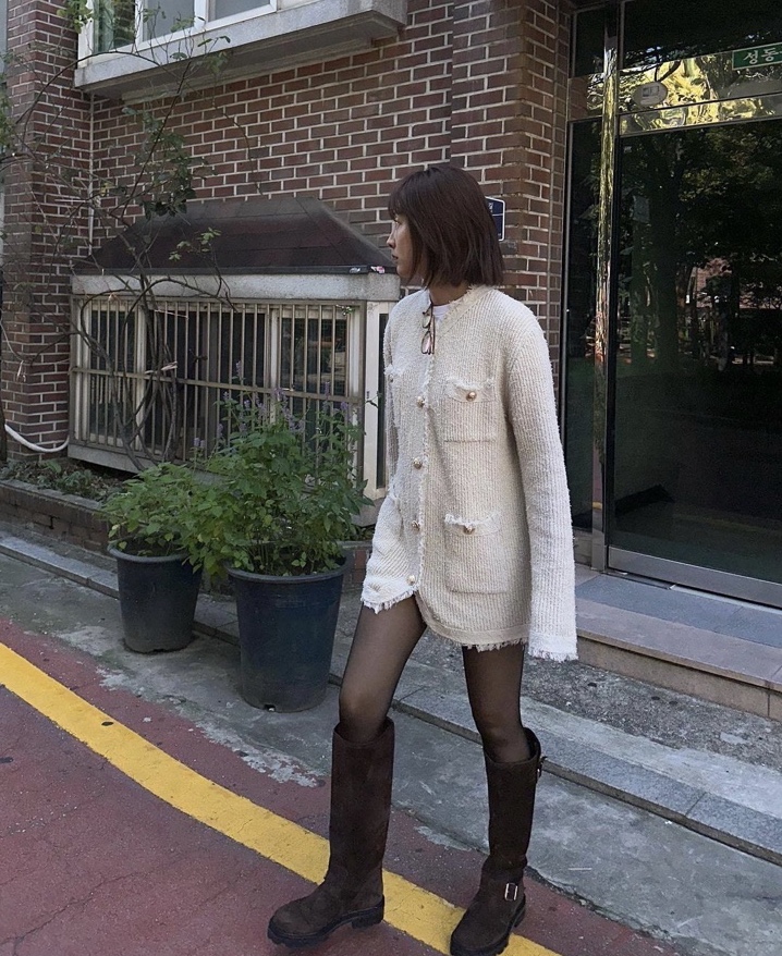 마이아르무아 언앤써드 미스테리 프린지 가디건 브이넥 미니 원피스 여성가디건