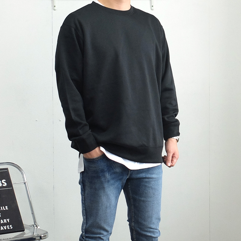 남자 맨투맨 스웻셔츠 기모 두꺼운 오버핏 무지 티셔츠 - 상세 이미지 4