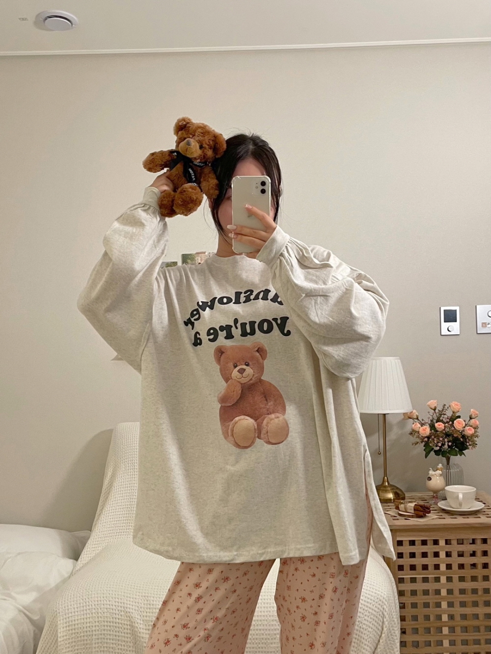 썬플라워 곰돌이 오버핏 티셔츠 긴팔 면 박스티 이미지 2