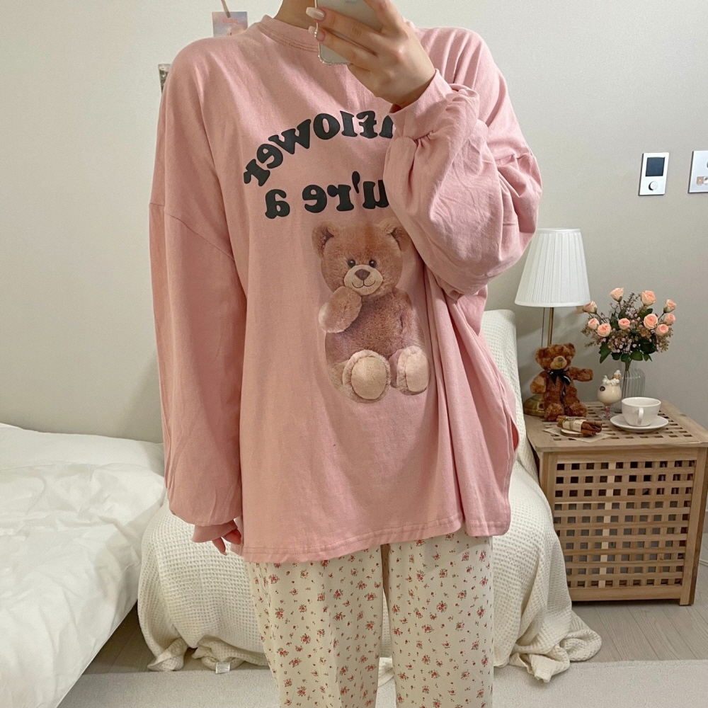 썬플라워 곰돌이 오버핏 티셔츠 긴팔 면 박스티 이미지 4