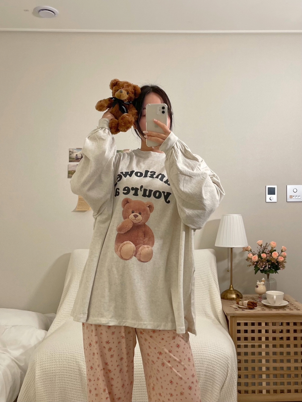 썬플라워 곰돌이 오버핏 티셔츠 긴팔 면 박스티 이미지 3